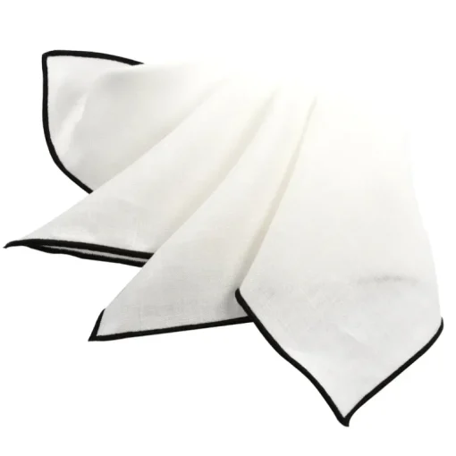 DION LINEN POCKET SQUARE - WHITE WITH BLACK TRIM