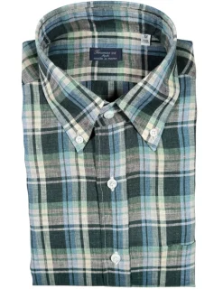 FINAMORE 1925 SPORT LINEN SHIRT - GREEN/TAN PLAID