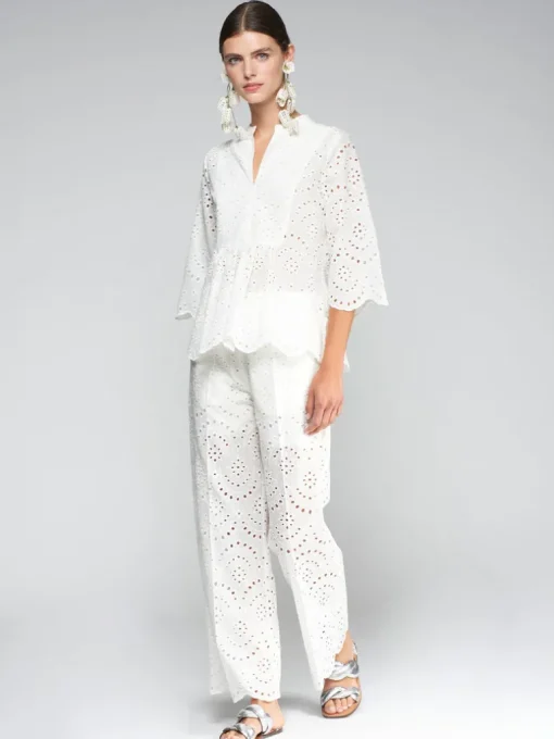 VILAGALLO EMBROIDERED EYELET PANT - WHITE
